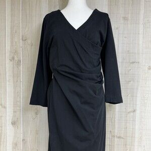 Soft Surroundings Black Ruched Faux Wrap Midi Dress Women's Minimalist Sz M Tall
